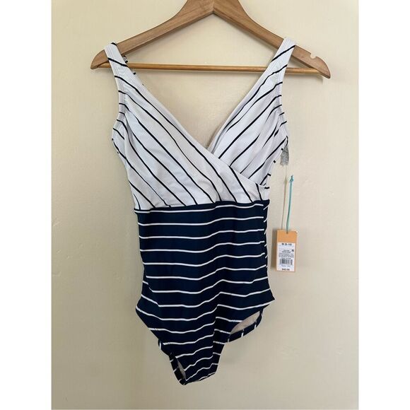 Kona Sol Blue and White Stripe Deep Plunge One Piece Swimsuit Size Medium - Picture 2 of 5